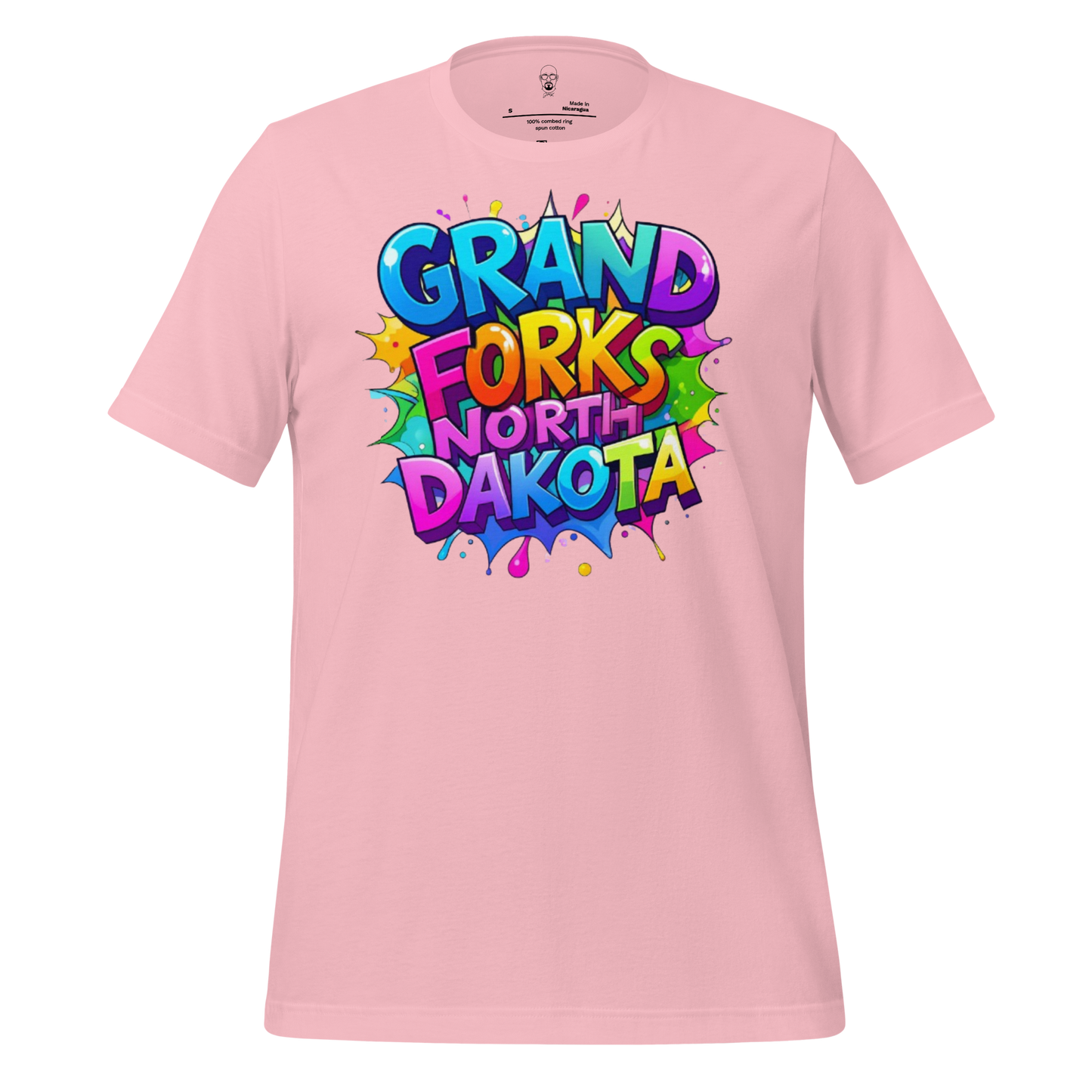 Pink JMK Drip t-shirt with colorful Grand Forks North Dakota t-shirt graphic design