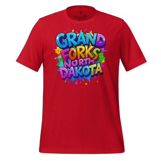 Red JMK Drip t-shirt with colorful Grand Forks North Dakota t-shirt graphic design