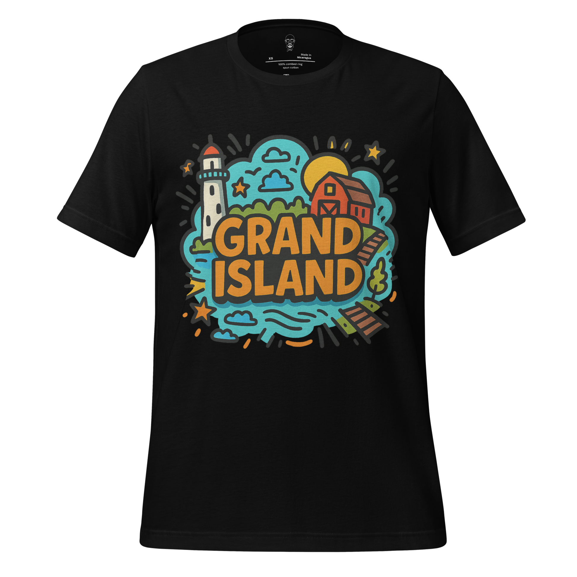 JMK Drip black Grand Island Graphic T-Shirt with colorful lighthouse and barn illustration