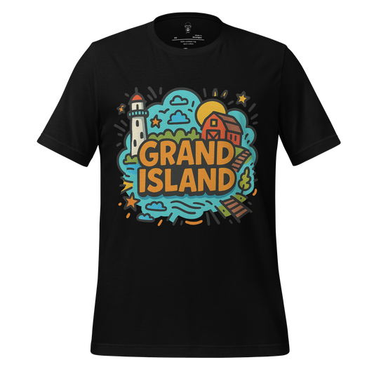 JMK Drip black Grand Island Graphic T-Shirt with colorful lighthouse and barn illustration
