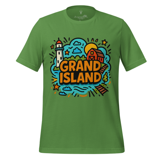 Green JMK Drip Grand Island Graphic T-Shirt with colorful island design and lighthouse print