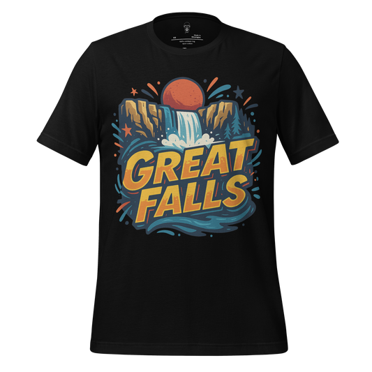 JMK Drip black Great Falls Graphic T-Shirt with colorful waterfall and sunset design