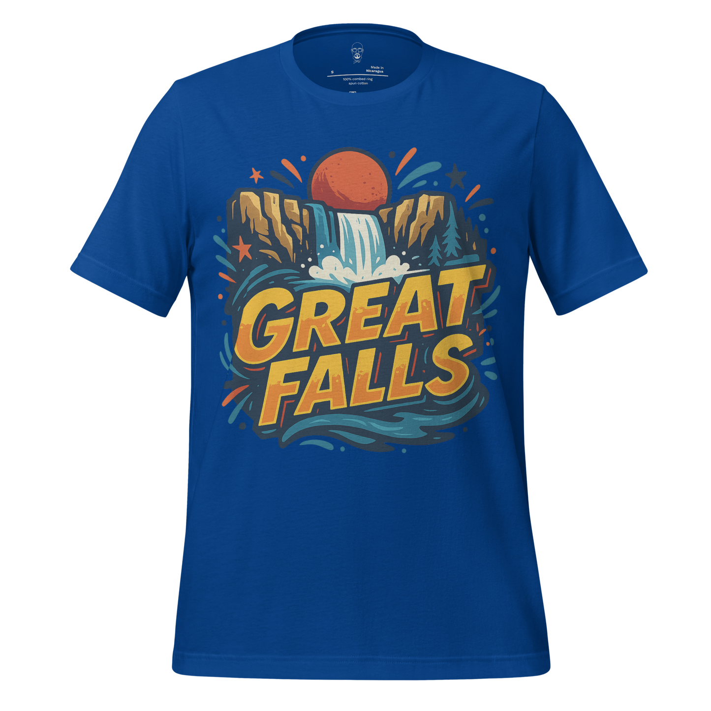 JMK Drip Great Falls Graphic T-Shirt in blue with waterfall and sunset design
