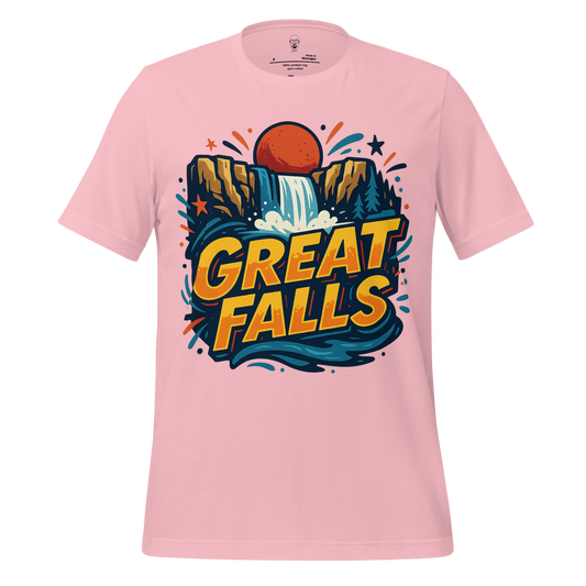 Pink Great Falls Graphic T-Shirt by JMK Drip featuring colorful waterfall and sunset design