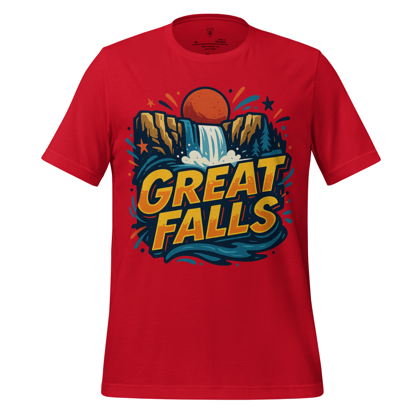 Red Great Falls Graphic T-Shirt with waterfall and sunset design by JMK Drip