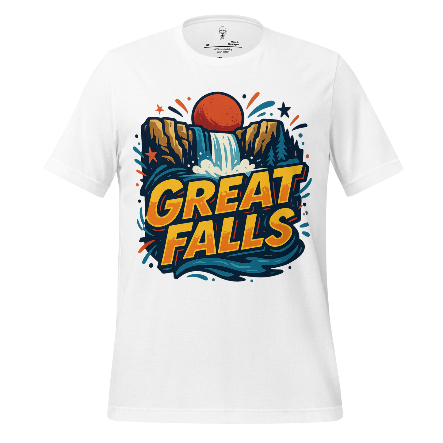 JMK Drip Great Falls Graphic T-Shirt with colorful waterfall and sunset design on white fabric