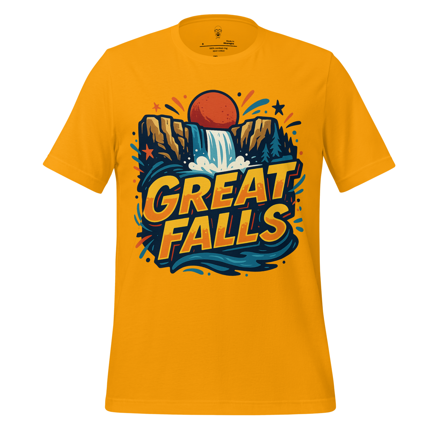 JMK Drip Great Falls Graphic T-Shirt in yellow with waterfall and sunset design
