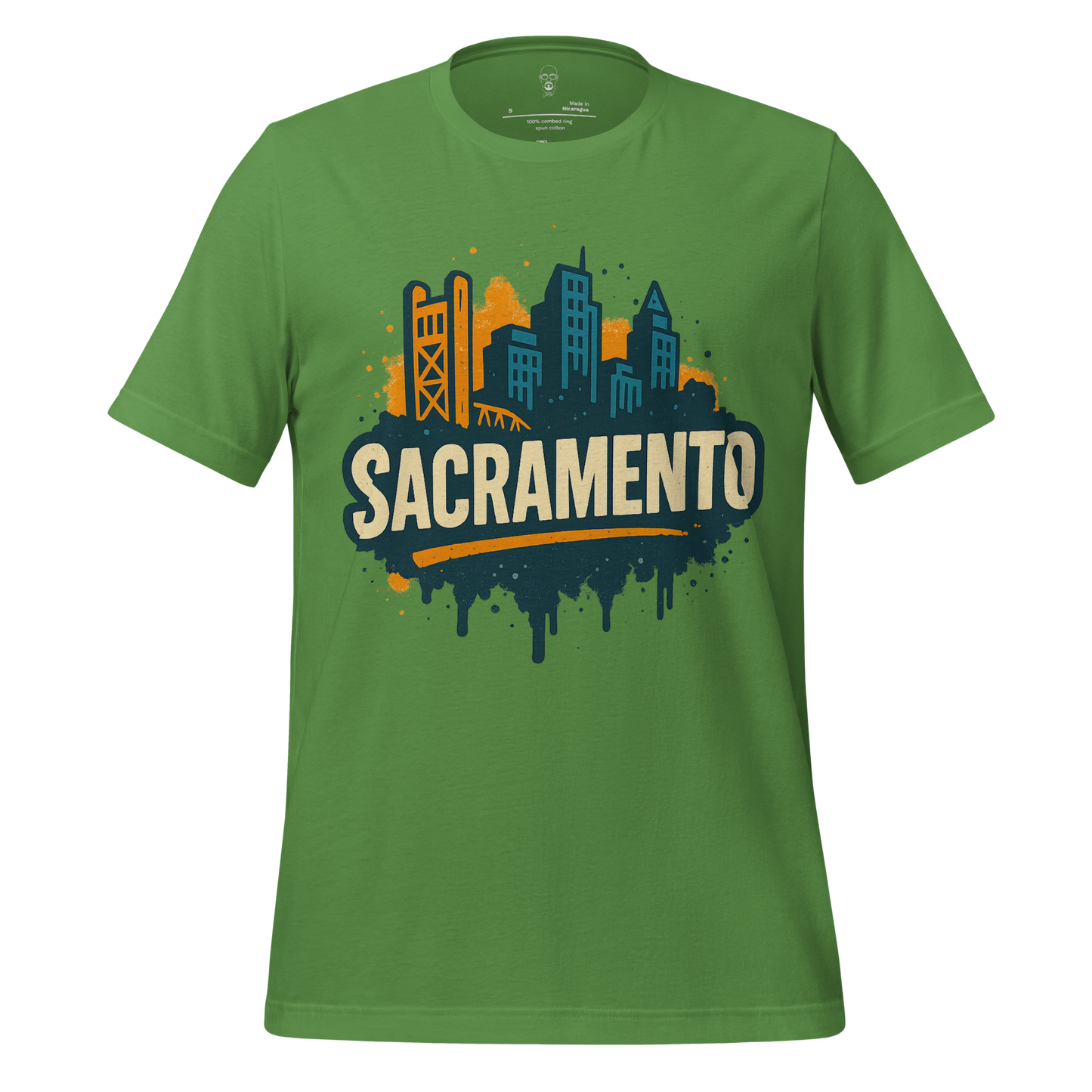Green Sacramento Graphic T-Shirt by JMK Drip featuring city skyline and bold Sacramento text