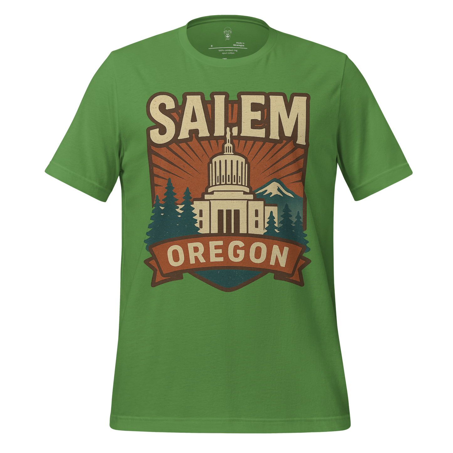 Green Salem Graphic T-Shirt by JMK Drip featuring Salem Oregon Capitol building with pine trees and mountain