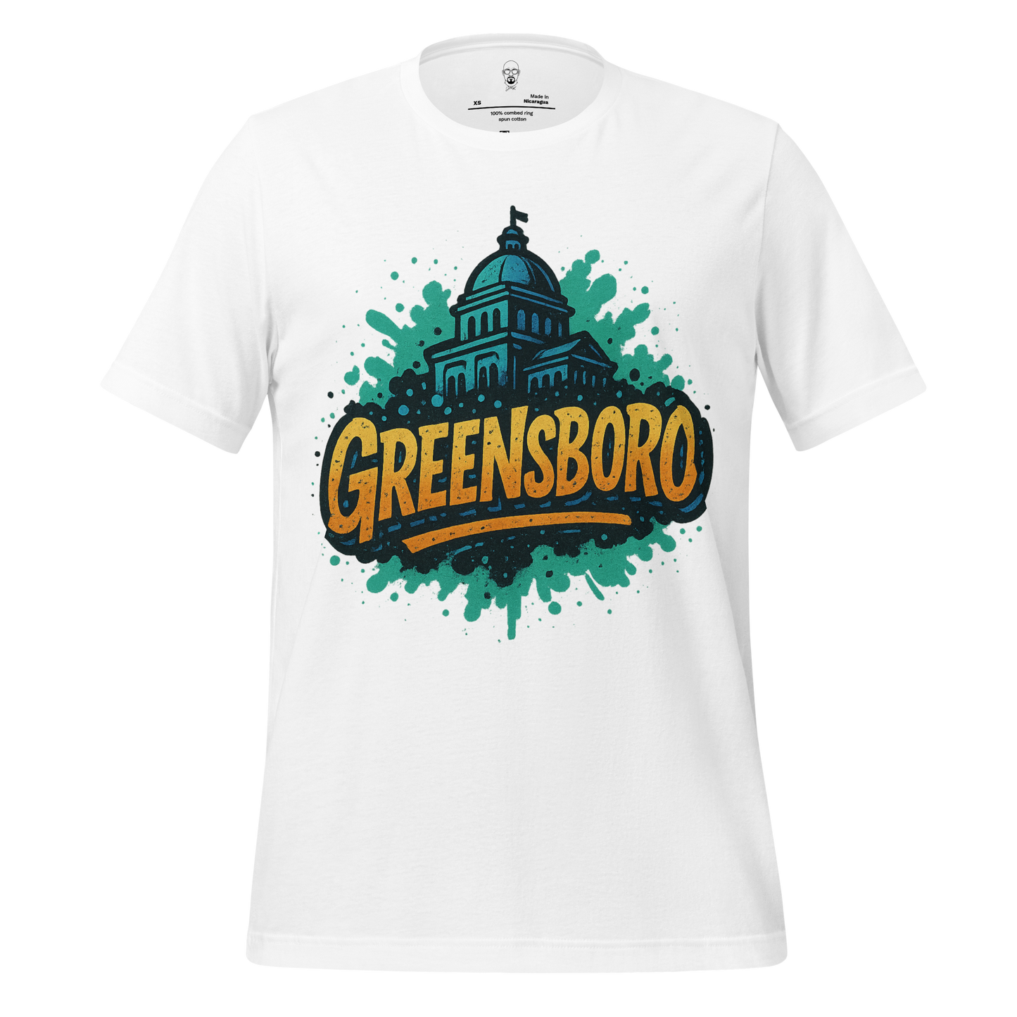 White Greensboro Graphic T-Shirt by JMK Drip featuring a colorful city dome design and bold text