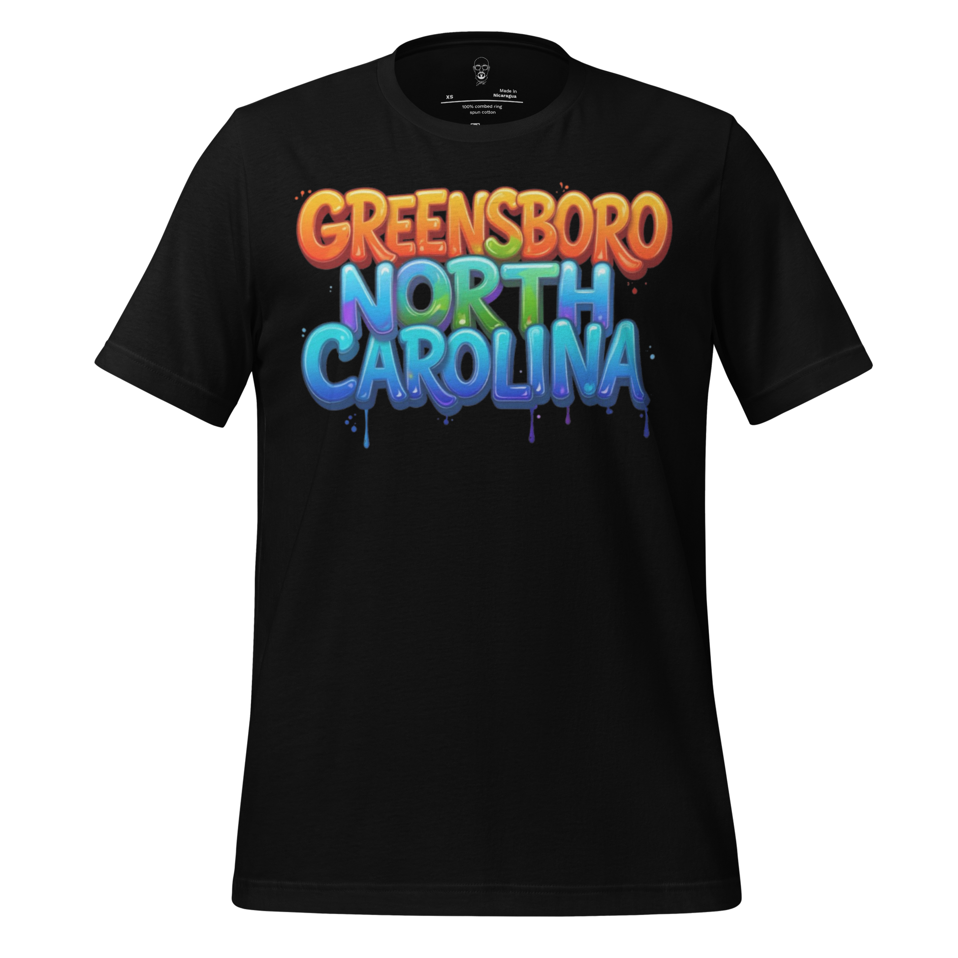 Black t-shirt with colorful graffiti style Greensboro North Carolina t-shirt design by JMK Drip