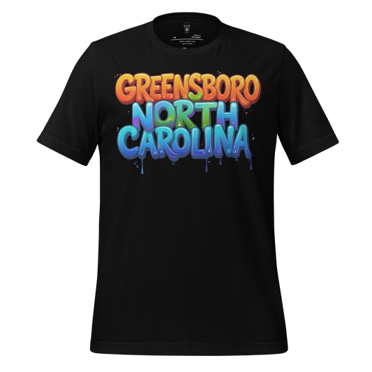 Black t-shirt with colorful graffiti style Greensboro North Carolina t-shirt design by JMK Drip