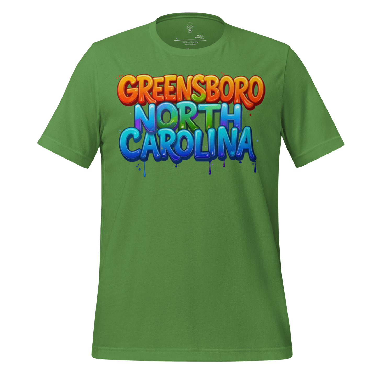 Green t-shirt with colorful graffiti style Greensboro North Carolina text graphic printed on front