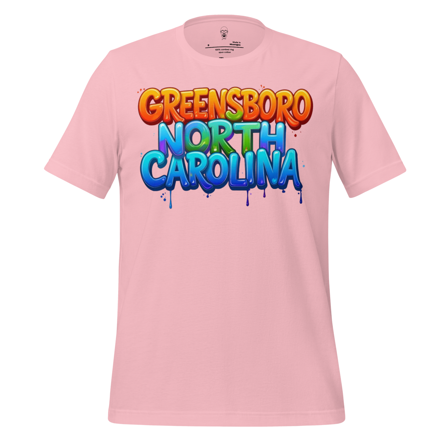 Pink Greensboro North Carolina t-shirt with colorful graffiti-style text design by JMK Drip