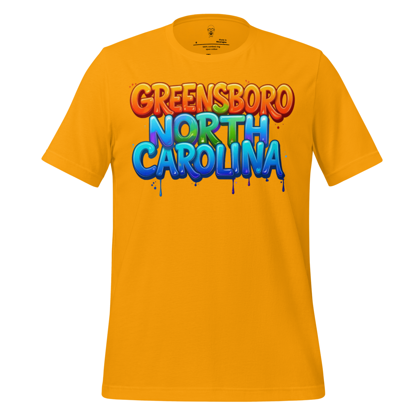 Bright yellow Greensboro North Carolina t-shirt with colorful graffiti-style text design