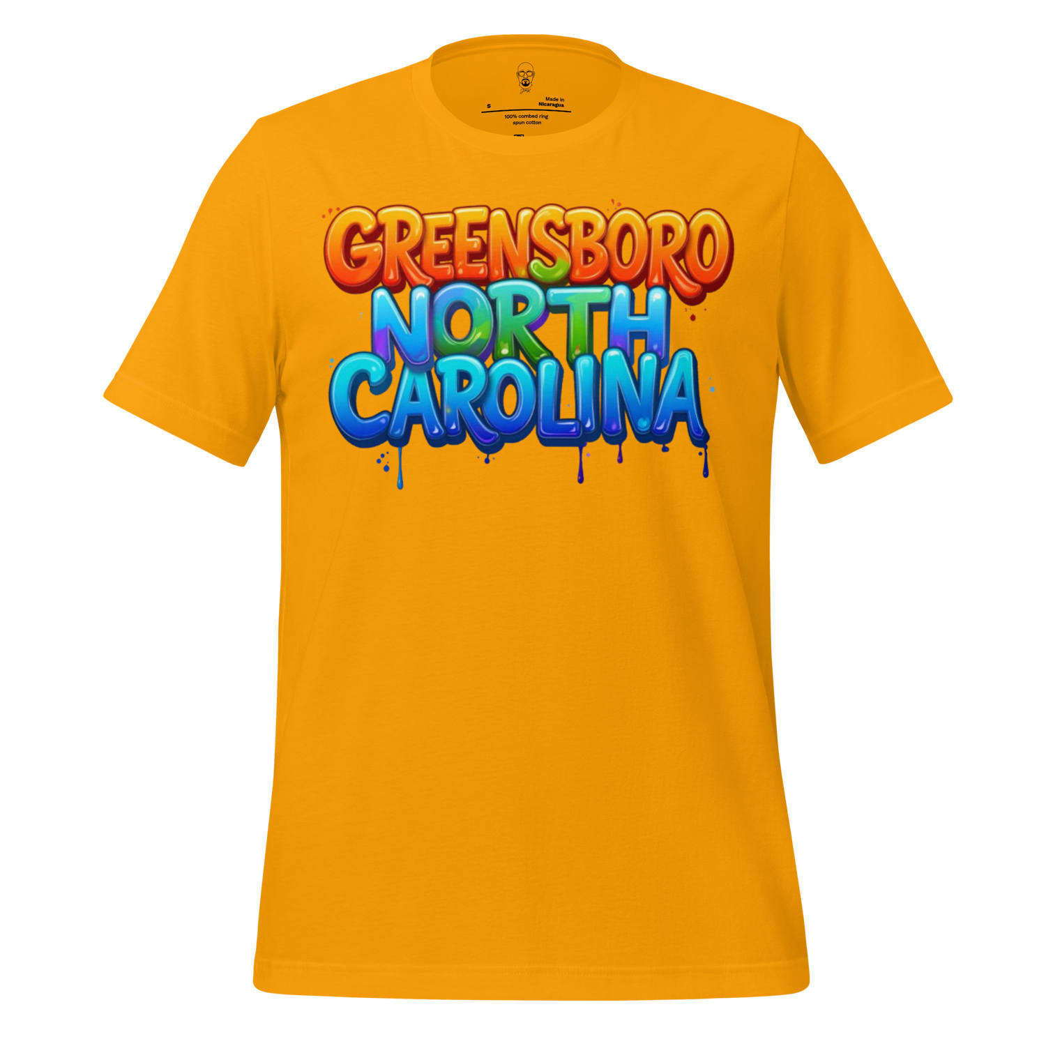 Bright yellow Greensboro North Carolina t-shirt with colorful graffiti-style text design