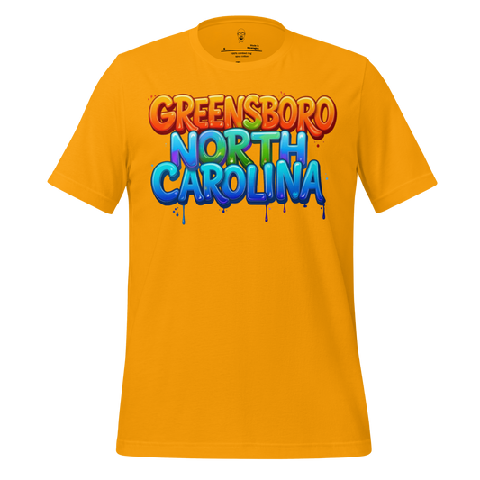 Bright yellow Greensboro North Carolina t-shirt with colorful graffiti-style text design