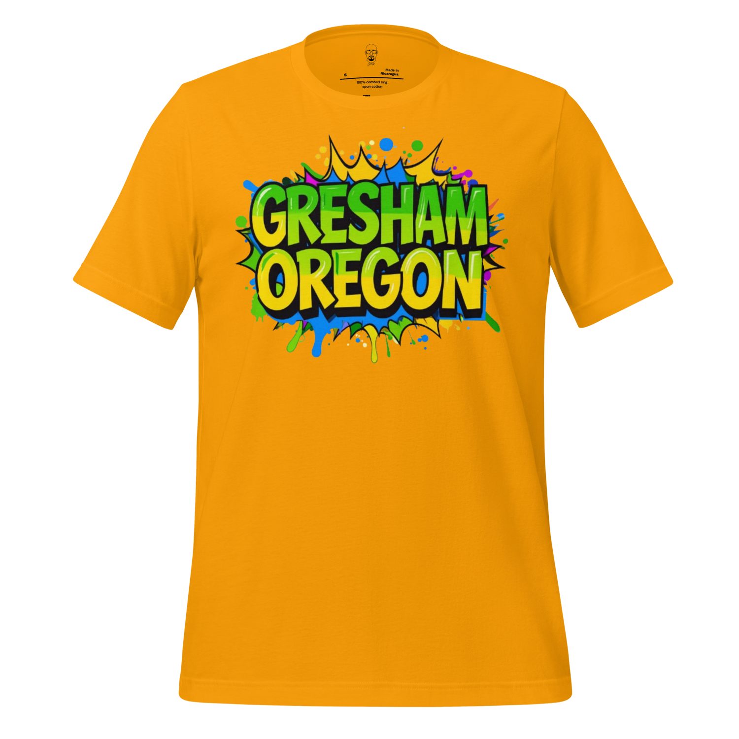 Bright yellow Gresham Oregon t-shirt with colorful graffiti style text by JMK Drip
