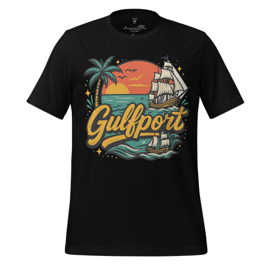Black Gulfport Graphic T Shirt with palm tree, sunset, and sailing ship design by JMK Drip