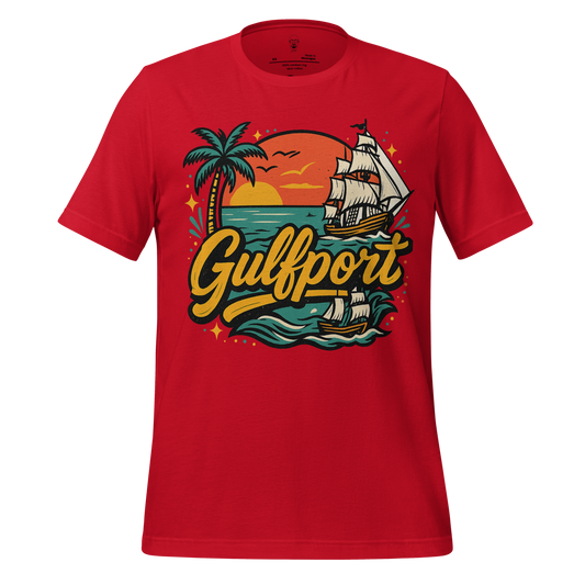 Red JMK Drip Gulfport Graphic T-Shirt featuring palm tree, sunset, and sailing ships design