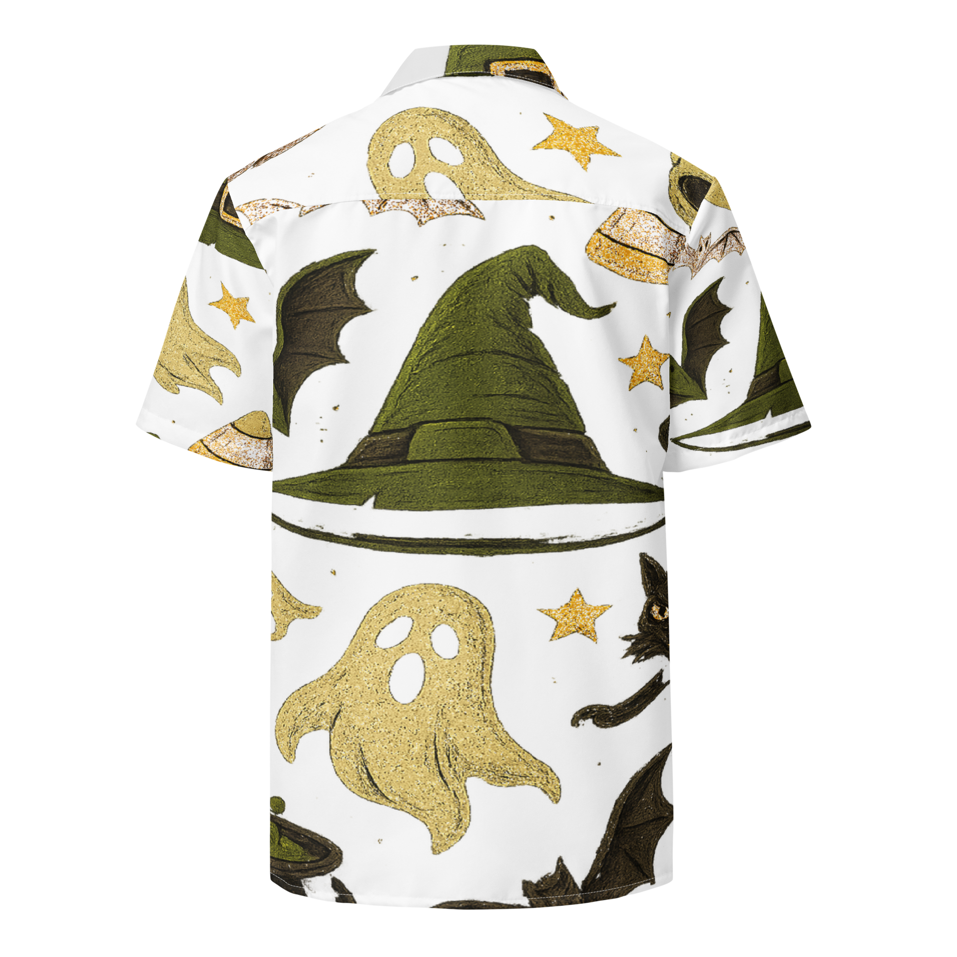 JMK Drip Halloween button down shirt with witch hats, ghosts, bats, and stars on white background