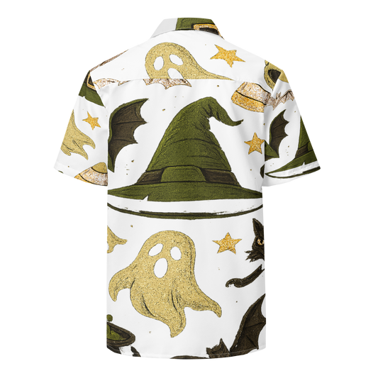 JMK Drip Halloween button down shirt with witch hats, ghosts, bats, and stars on white background