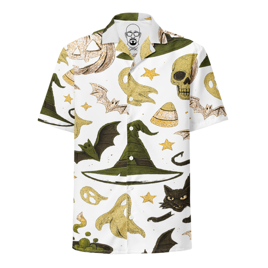 JMK Drip Halloween button down shirt with spooky hats, bats, skulls, candy corn, and ghosts on white background