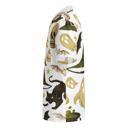 JMK Drip Halloween button down shirt with spooky ghosts black cats bats and witches hats on white background