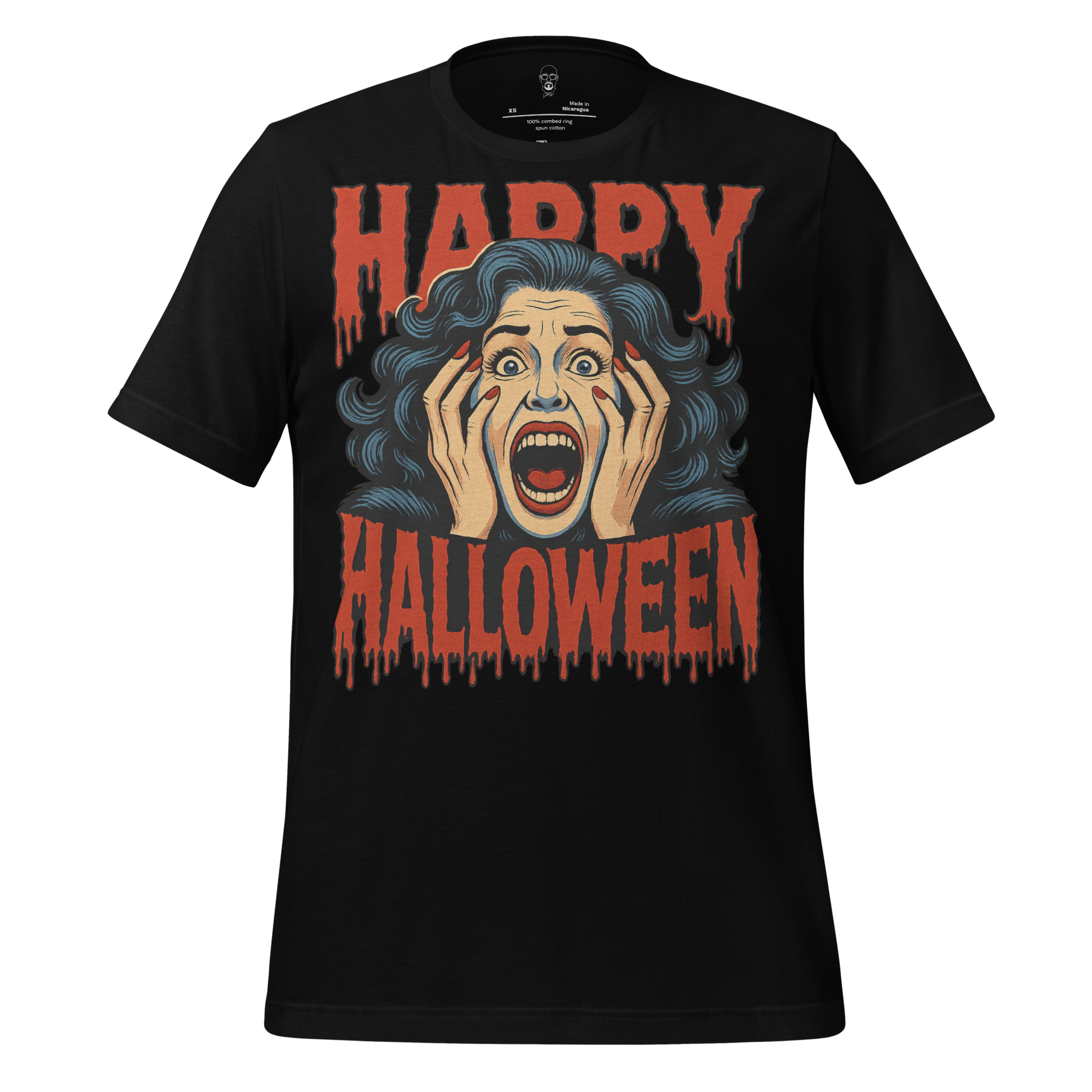 JMK Drip Halloween graphic t-shirt with a scared woman illustration and dripping Happy Halloween text