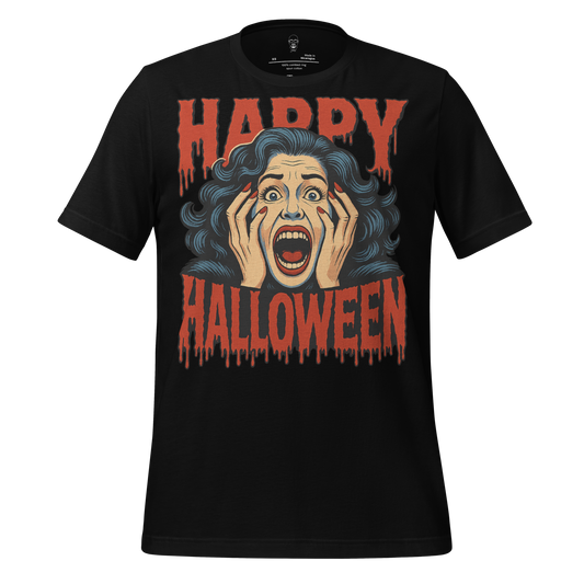 JMK Drip Halloween graphic t-shirt with a scared woman illustration and dripping Happy Halloween text