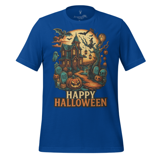 Blue Halloween graphic t-shirt by JMK Drip with spooky haunted house and pumpkin design