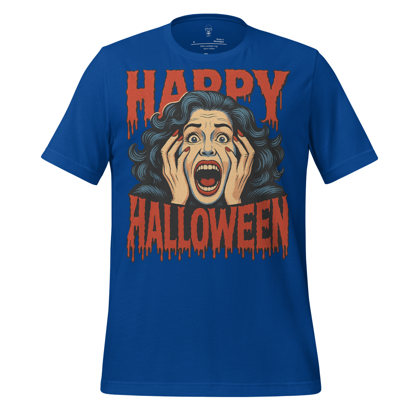 JMK Drip blue Halloween graphic t-shirt with screaming woman and dripping Happy Halloween text