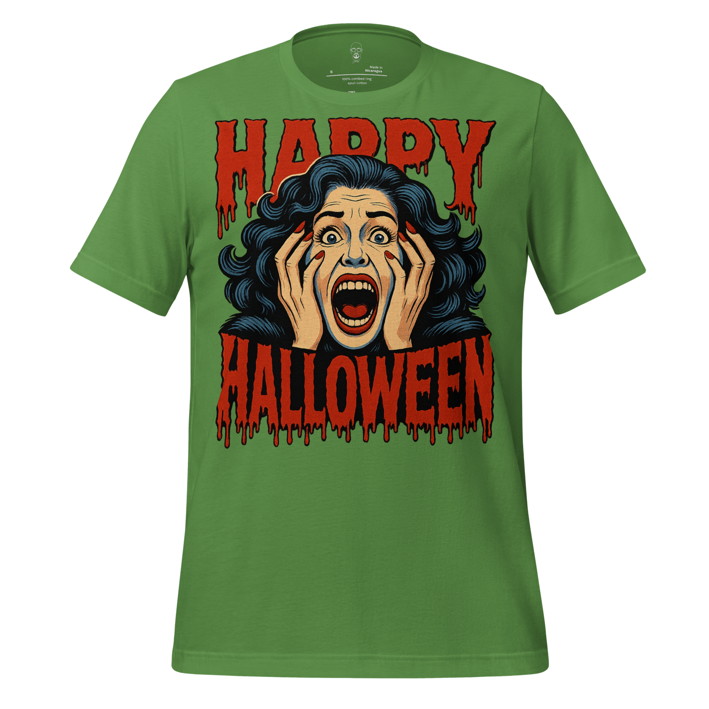 Green Halloween graphic t-shirt by JMK Drip featuring a screaming woman and Happy Halloween text