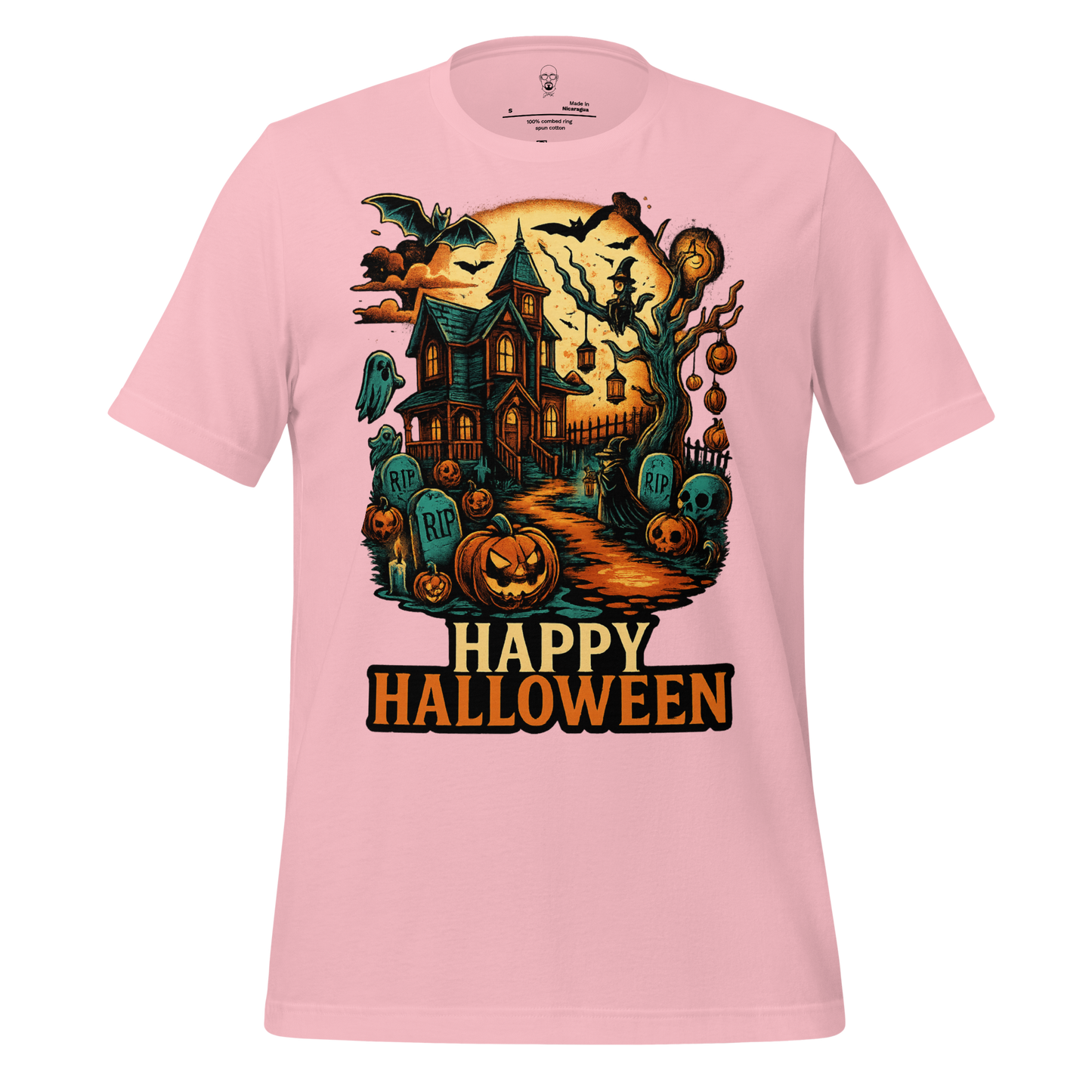 JMK Drip Halloween graphic t-shirt with haunted house, pumpkins, bats, and Happy Halloween text