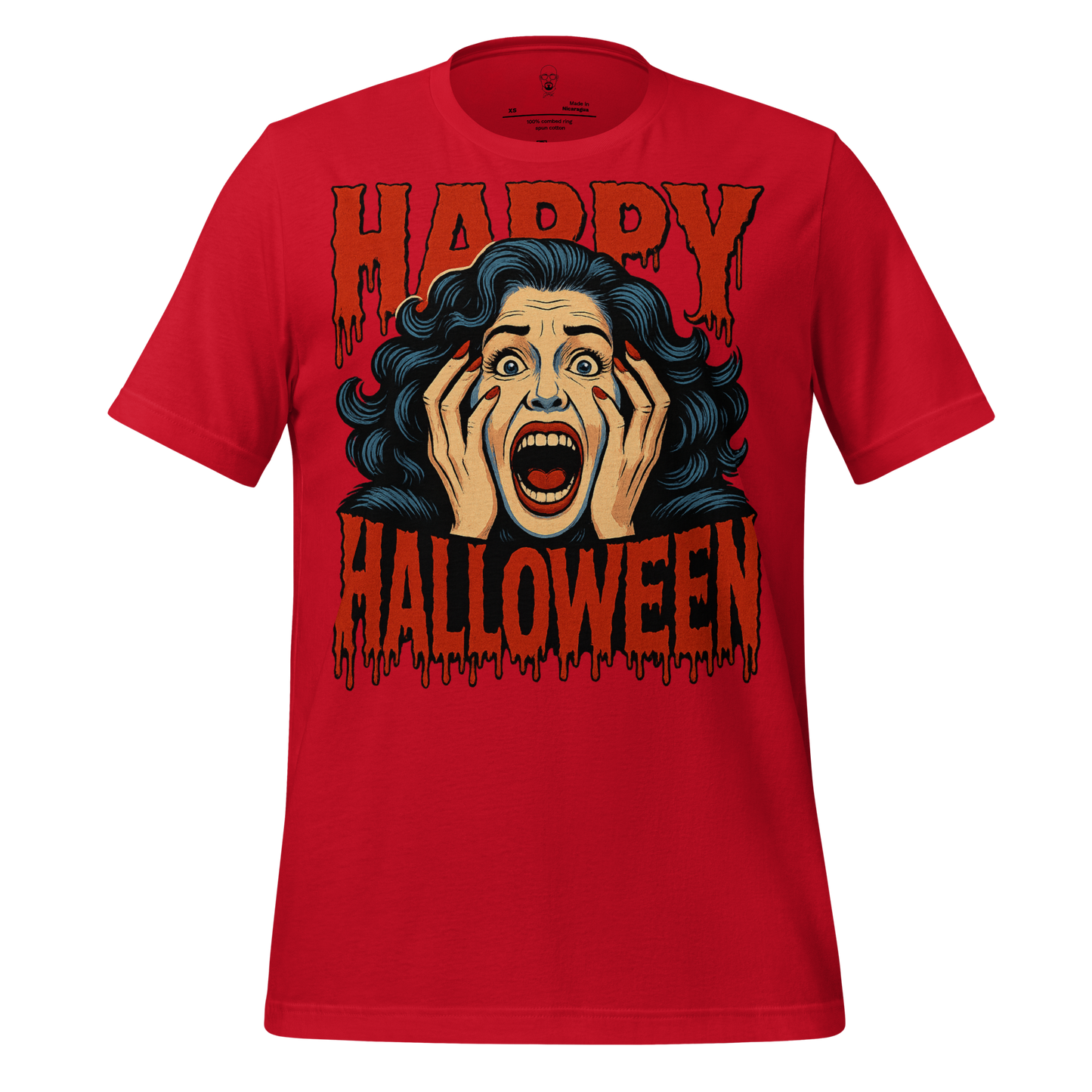 Red Halloween graphic t-shirt by JMK Drip featuring a shocked woman and dripping Happy Halloween text