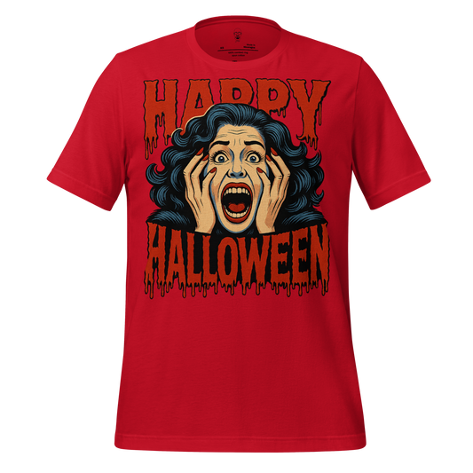 Red Halloween graphic t-shirt by JMK Drip featuring a shocked woman and dripping Happy Halloween text