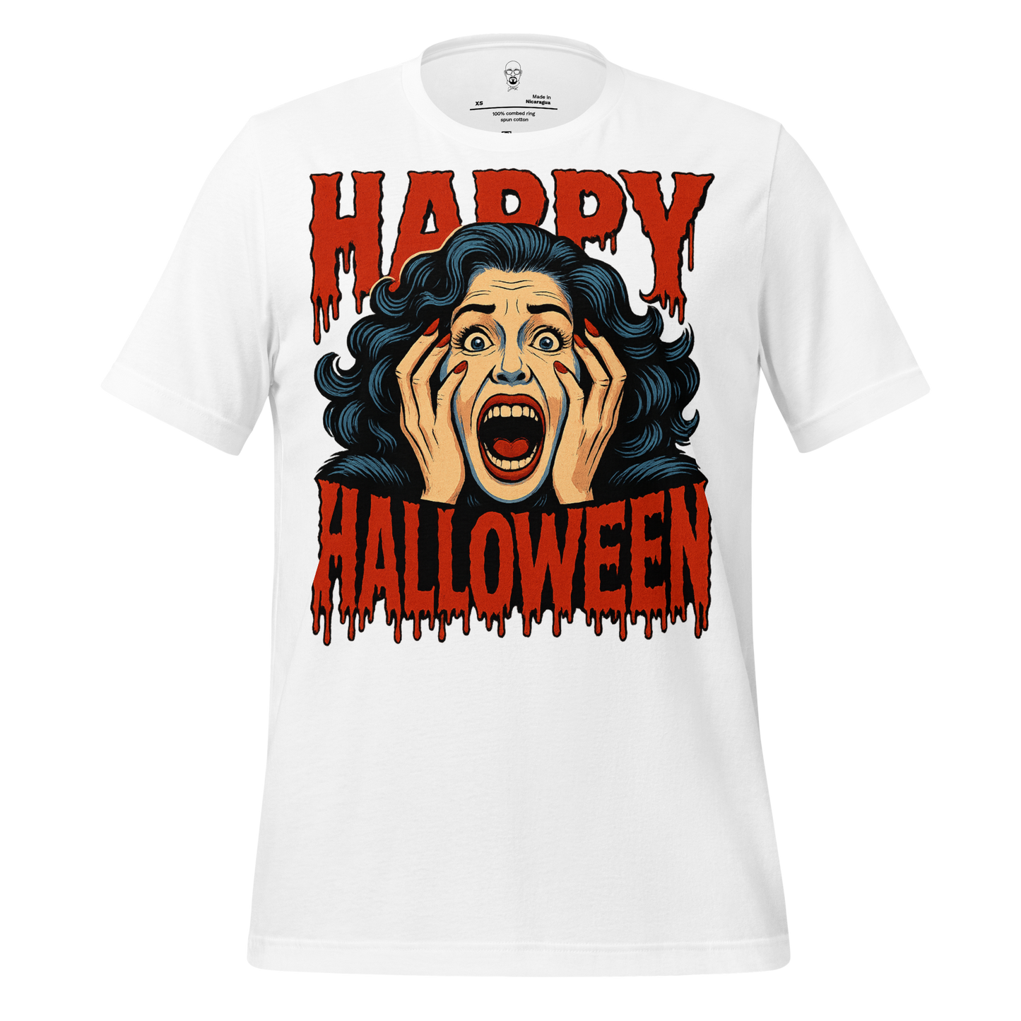 JMK Drip white Halloween graphic t-shirt with screaming woman and dripping Happy Halloween text