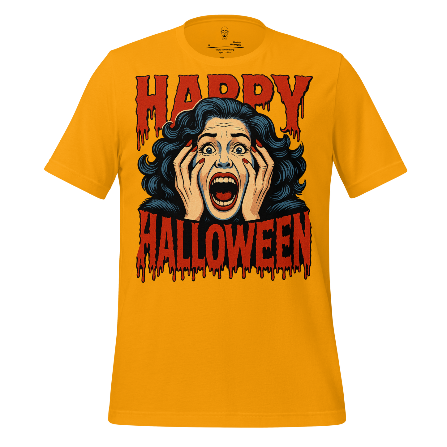 JMK Drip Halloween graphic t-shirt in orange with screaming woman and dripping Happy Halloween text
