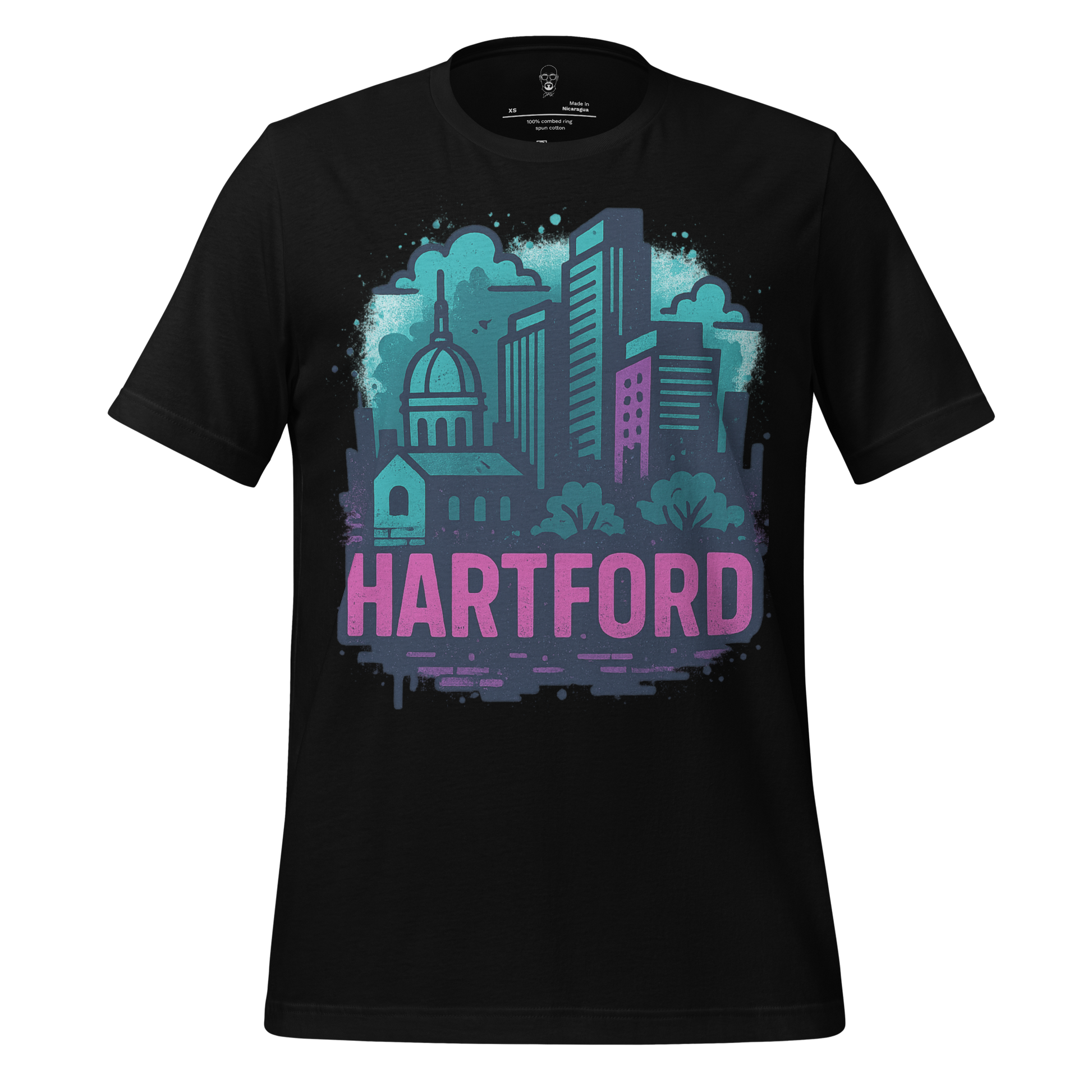 Black Hartford Graphic T-Shirt with colorful city skyline and Hartford text design