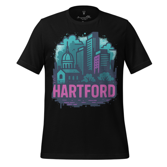 Black Hartford Graphic T-Shirt with colorful city skyline and Hartford text design