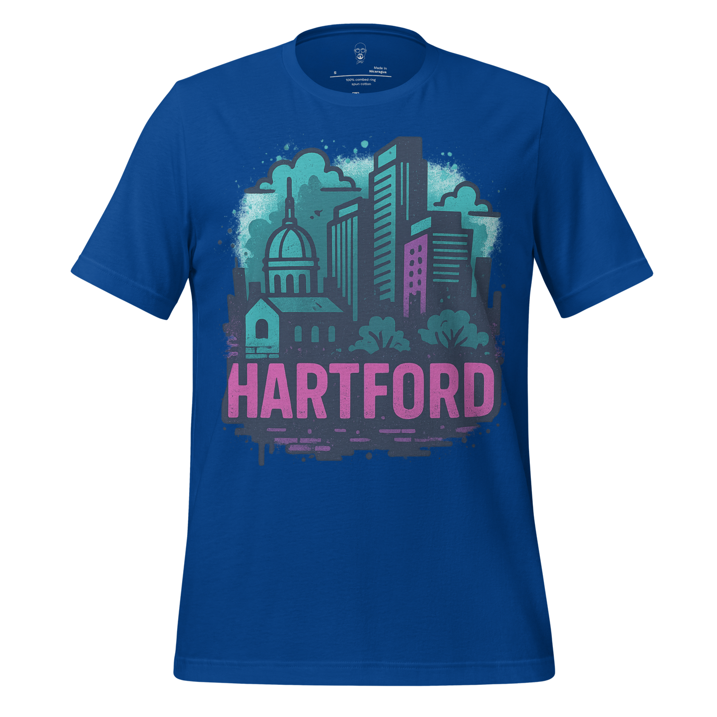 JMK Drip Hartford Graphic T-Shirt featuring colorful city skyline design on blue cotton fabric