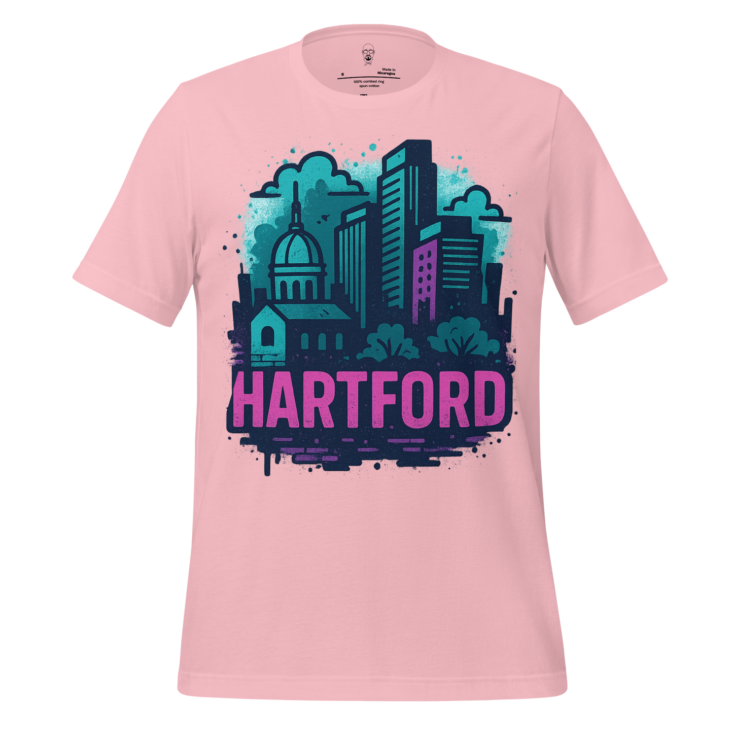 Pink JMK Drip Hartford Graphic T-Shirt with blue and purple city skyline design