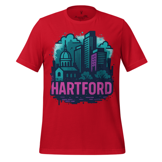 JMK Drip Hartford Graphic T-Shirt in red with colorful cityscape print and Hartford text