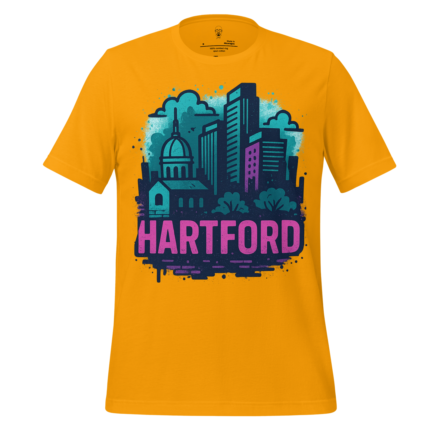 JMK Drip Hartford Graphic T-Shirt in yellow featuring colorful city skyline design with Hartford text