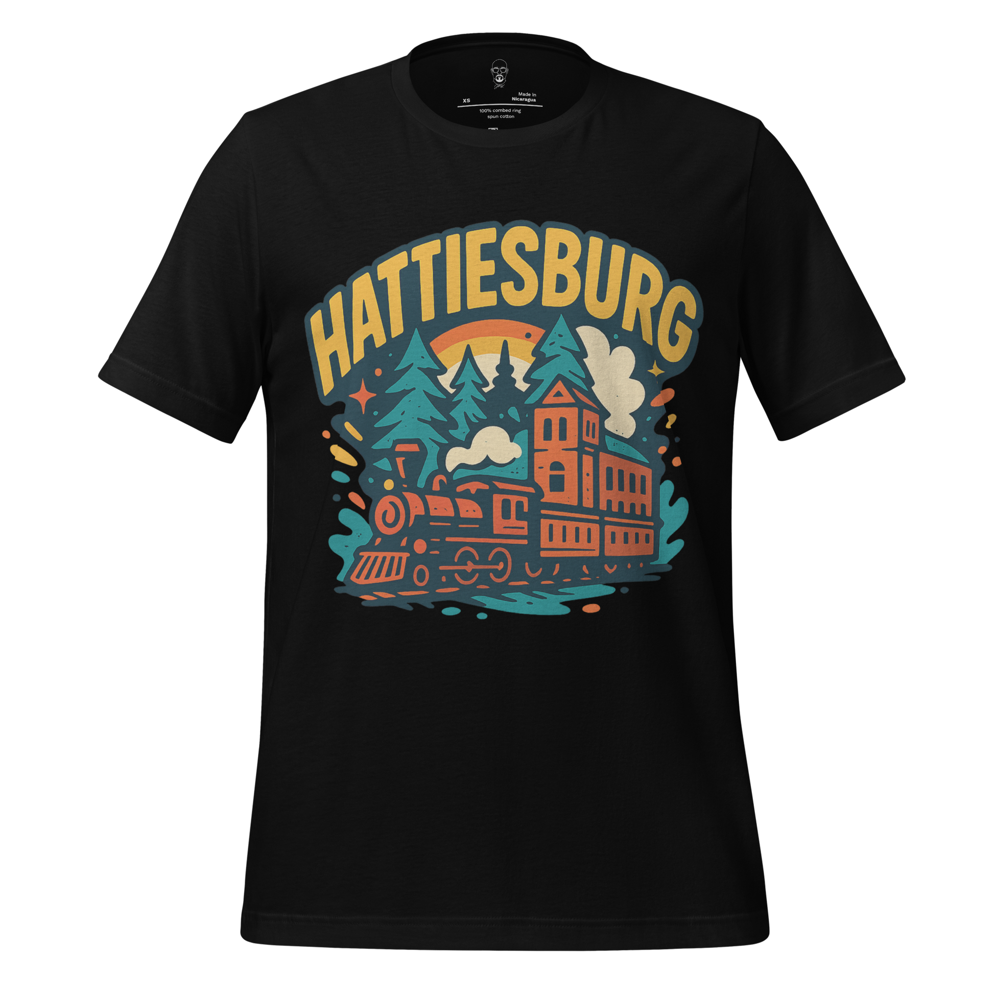 Black Hattiesburg Graphic T-Shirt by JMK Drip featuring vintage train and forest design
