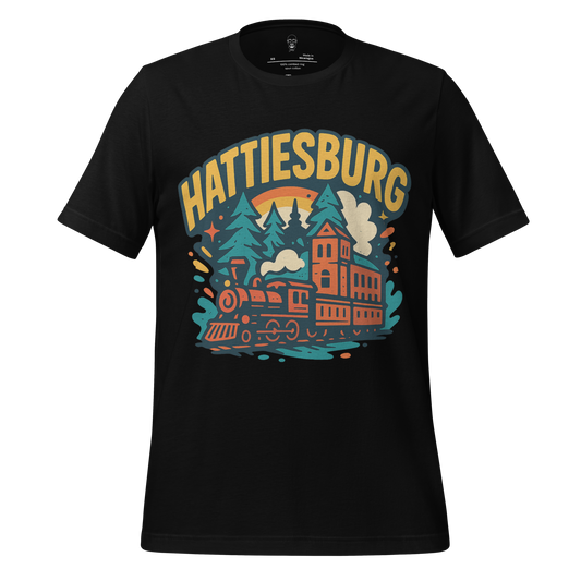 Black Hattiesburg Graphic T-Shirt by JMK Drip featuring vintage train and forest design