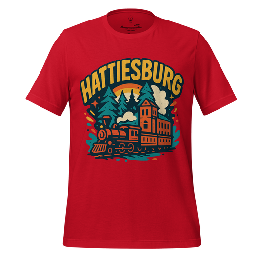 Red JMK Drip Hattiesburg Graphic T-Shirt with vintage train and forest design