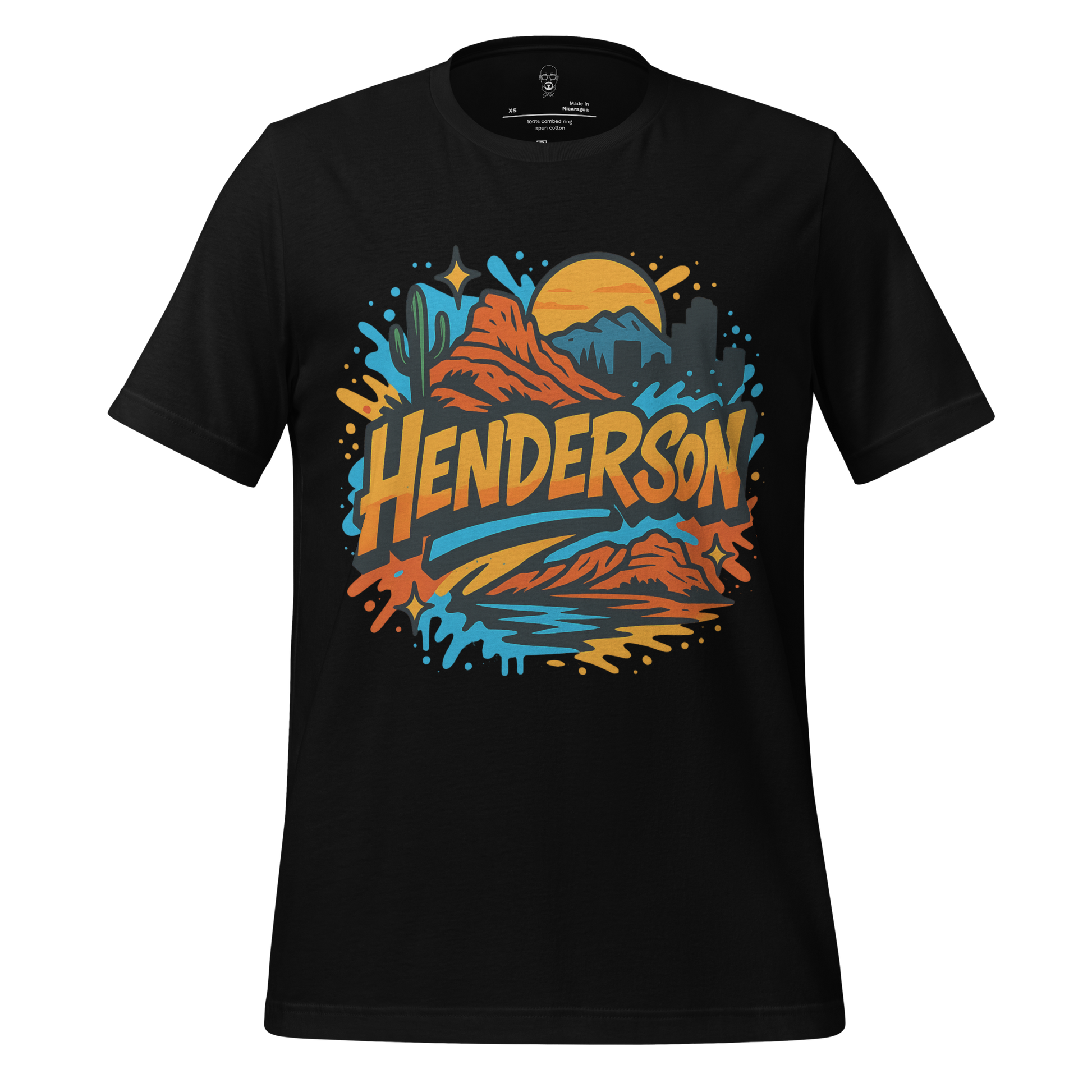 JMK Drip Henderson Graphic T-Shirt with colorful desert mountain design on black fabric