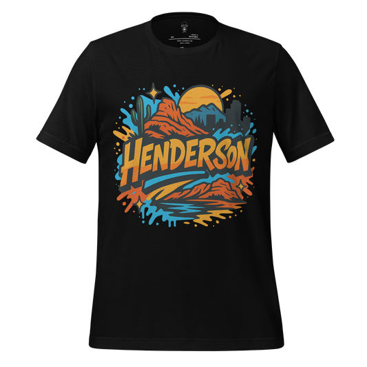 JMK Drip Henderson Graphic T-Shirt with colorful desert mountain design on black fabric