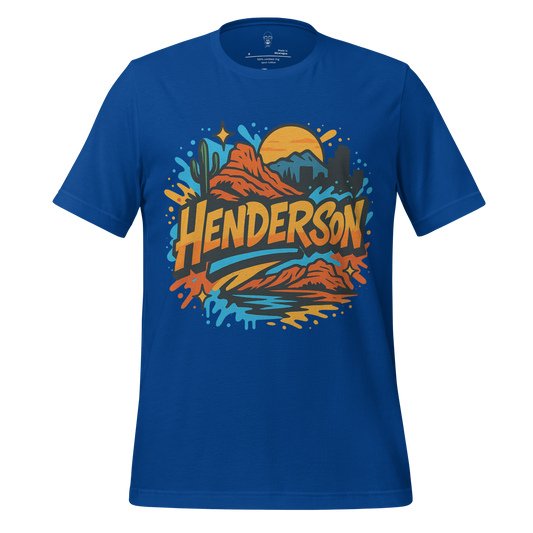 Blue Henderson Graphic T-Shirt with colorful desert mountain and sunset design by JMK Drip